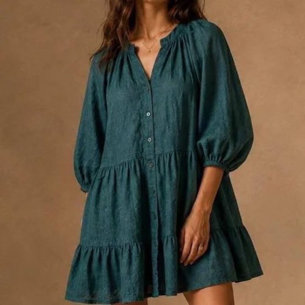 APIECE APART Teal Linen Boho Coastal Cowgirl Beachy Tiered Ruffle Mini Dress XS